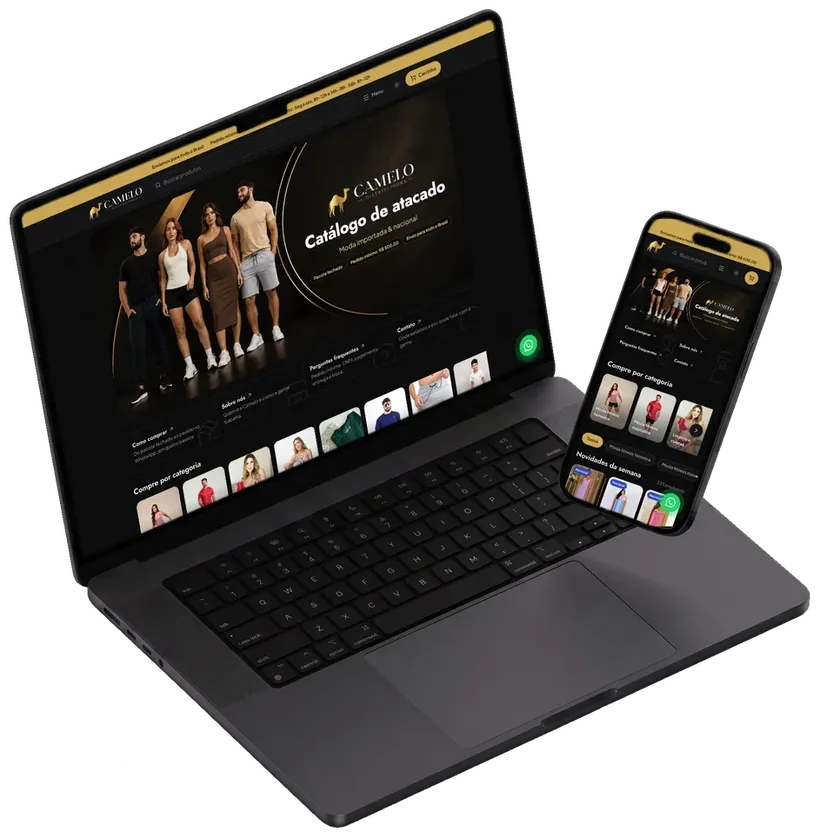 O catálogo da Camelo Distribuidora aberto num notebook e num celular