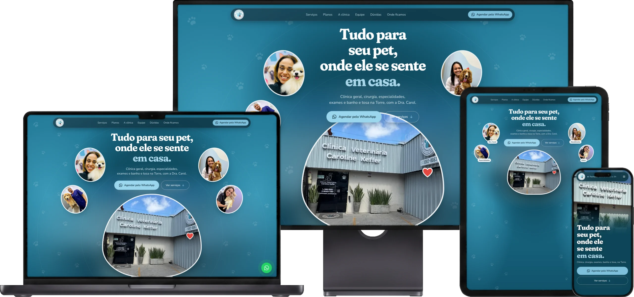 O site da Clínica Pet Caroline Keffer aberto num monitor, num notebook, num tablet e num celular