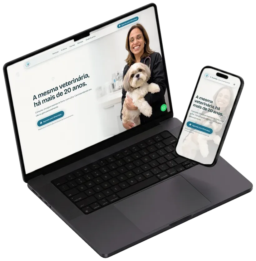O site da Clínica Pet Caroline Keffer aberto num notebook e num celular