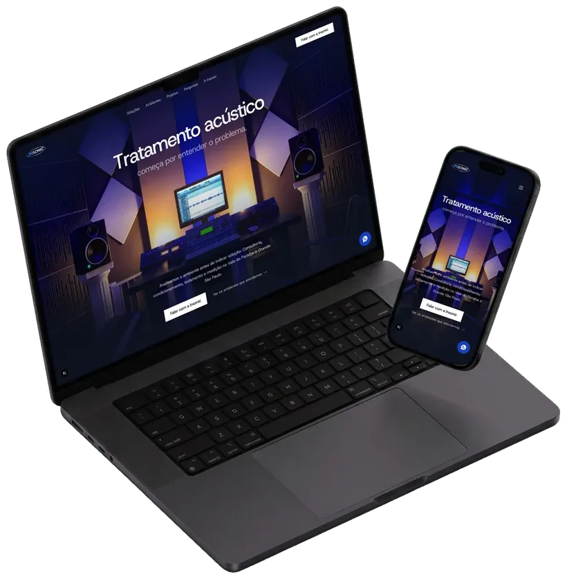 O site da Insonic Acústica aberto num notebook e num celular