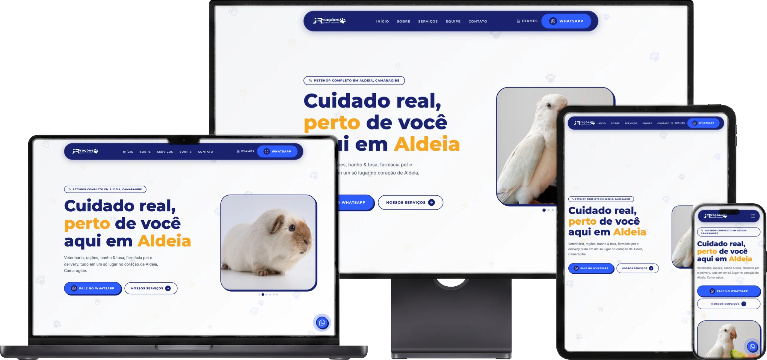 O site da JR Rações aberto num monitor, num notebook, num tablet e num celular