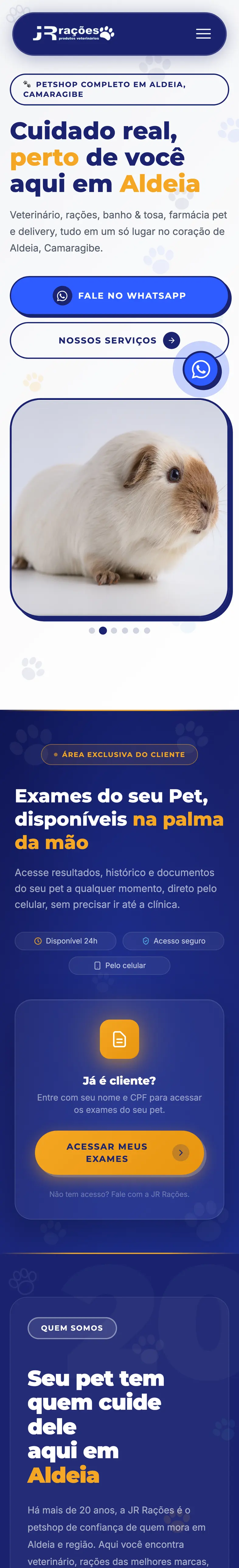O site da JR Rações no celular, do topo até o rodapé