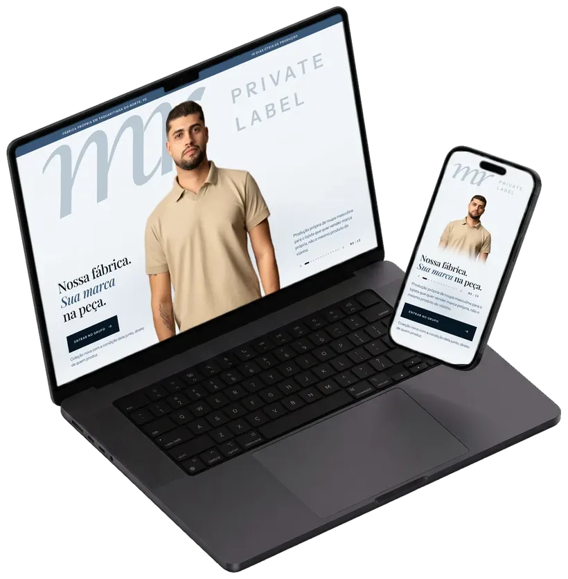 A landing page da MR Private Label aberta num notebook e num celular