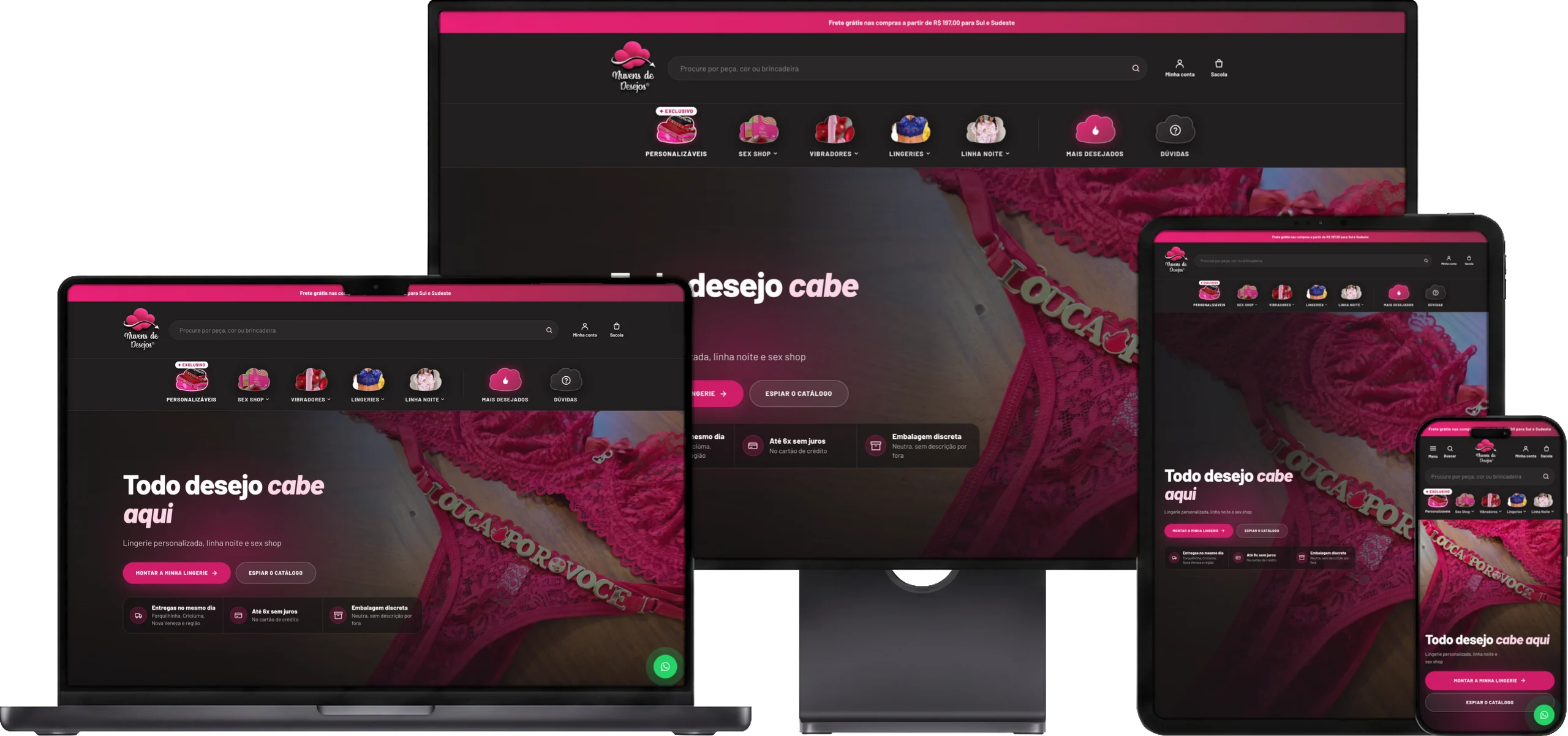 O site da Nuvens de Desejos aberto num monitor, num notebook, num tablet e num celular