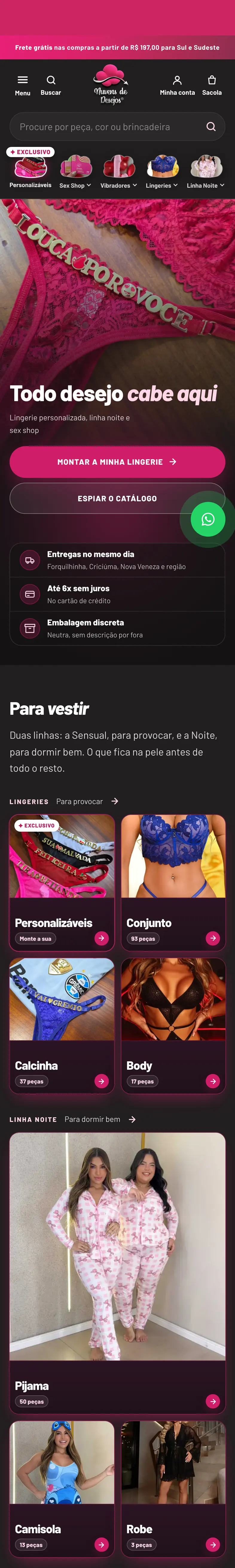 O site da Nuvens de Desejos no celular, do topo até o rodapé