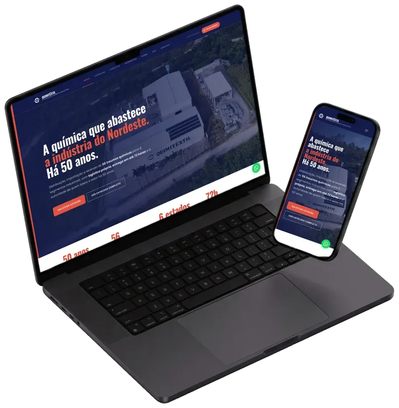 O site da Quimitêxtil aberto num notebook e num celular