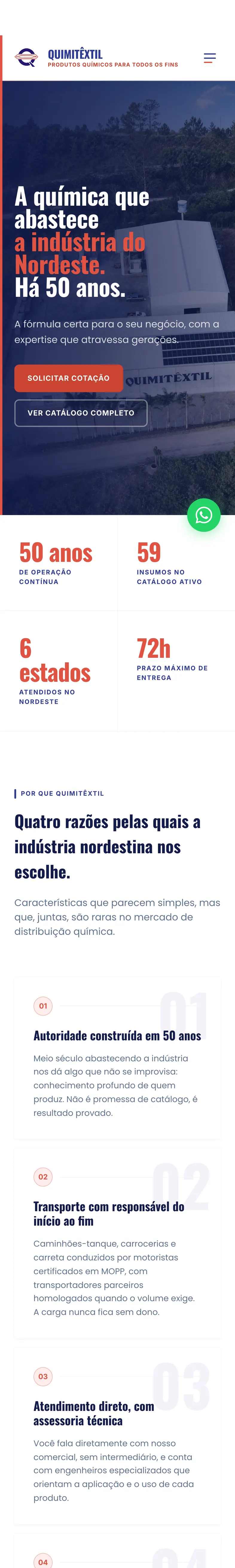 O site da Quimitêxtil no celular, do topo até o rodapé