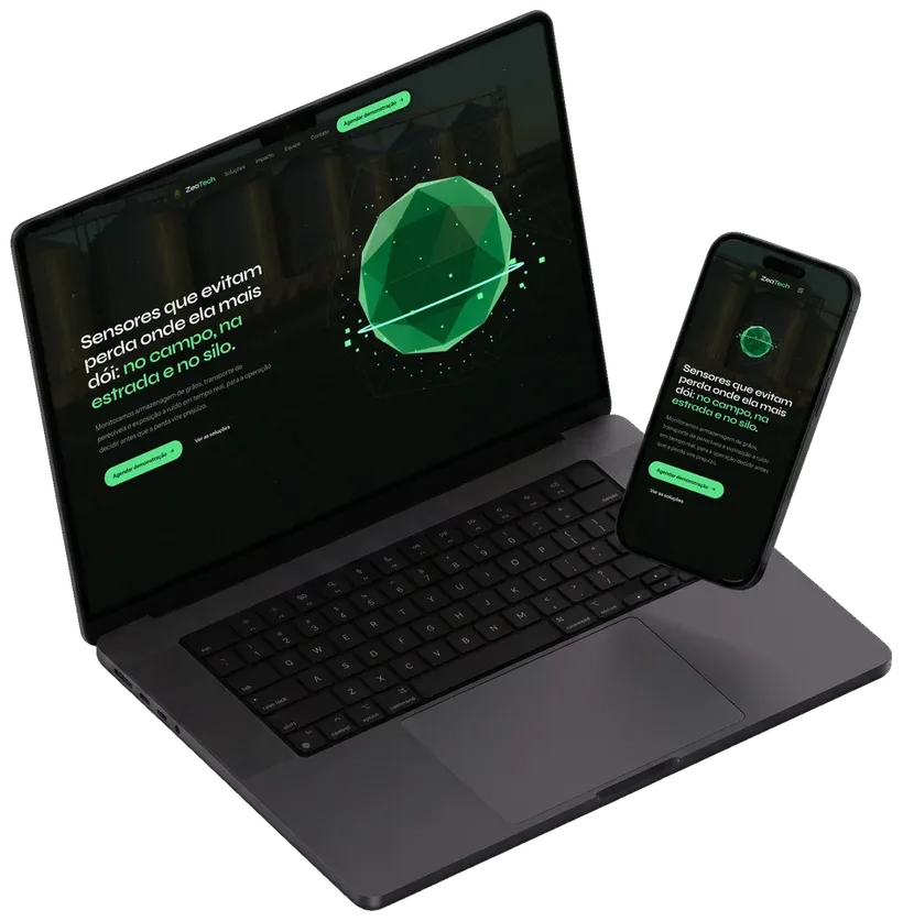 O site da ZeaTech aberto num notebook e num celular